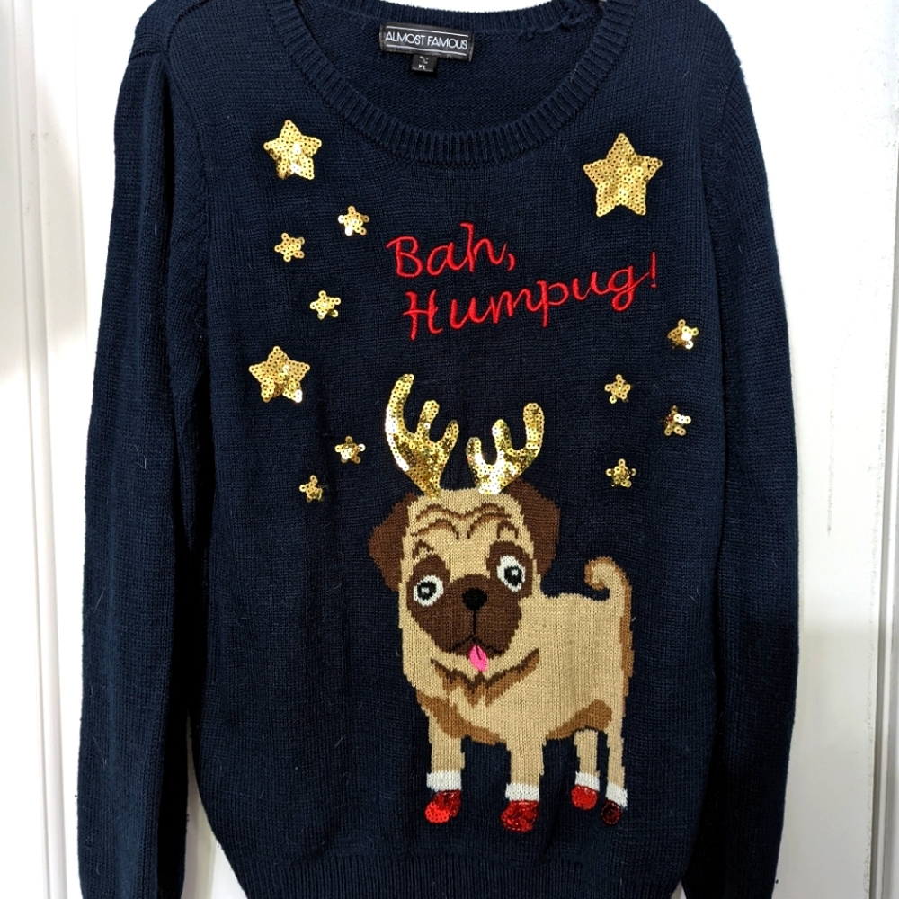 Navy blue XL ugly sweater with pug dog
